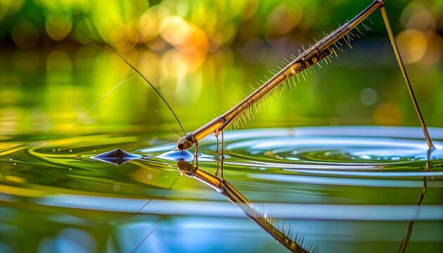 Water strider insect resting on pond surface with ripples and reflections