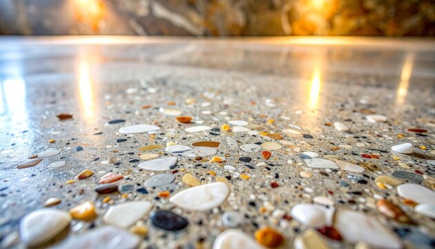 Polished concrete floor with embedded marble chips and pebbles reflecting warm light