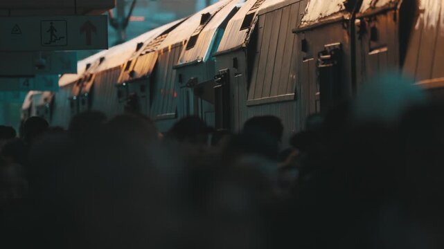 People wait at train station as trains arrive and depart during evening rush hour in a busy urban area