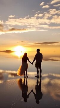 Salar de Uyuni in Bolivia during sunset. Aerial image Rainy Season.Time lapse in vertical video