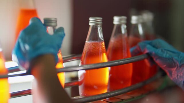 Bottling Process: Capturing the meticulous process of bottling beverages within a factory setting, showcasing the interplay of hands and the smooth flow of production. 