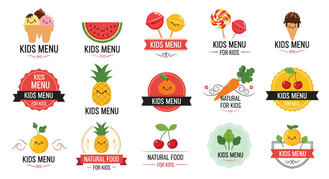 Collection of cute and colorful kids menu logos featuring smiling fruits, vegetables, and sweets with cheerful text labels.