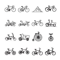 Obraz premium Diverse bicycle types illustrated in a clean graphic design with mountain and cart elements