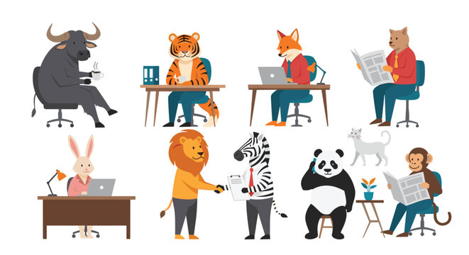 Anthropomorphic animals in formal office wear work at desks, have meetings, and read newspapers in a professional scene.
