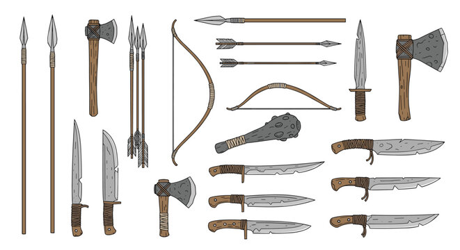 Ancient stone age tools and primitive weapons including bows, flint spears, and stone axes are isolated on white.