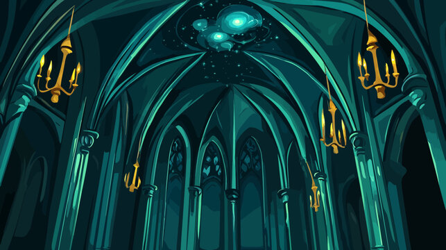 Gothic cathedral interior with high arches, chandeliers, and a starry skylight
