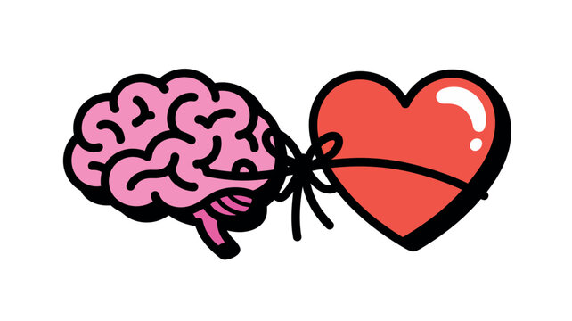 Cartoon illustration featuring a pink human brain tied with a simple black bow string to a vibrant red heart representing the deep connection between logic and human emotion together