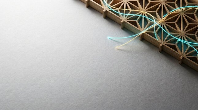 Traditional Japanese Kumiko lattice with glowing blue fiber optic pulses on Washi