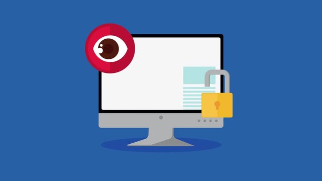 Data privacy and cybersecurity animation with desktop computer monitor and security lock.