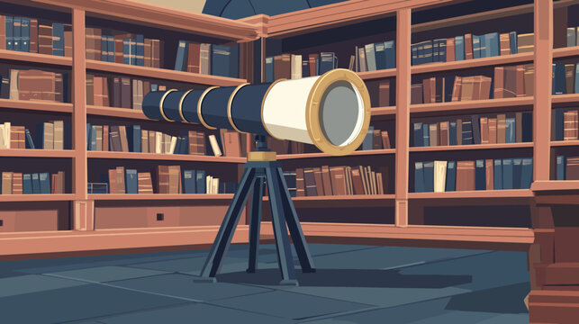Vintage-style telescope in a wooden library room with shelves
