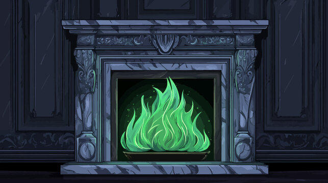 Magical green flames flicker within a dark, ornate stone fireplace