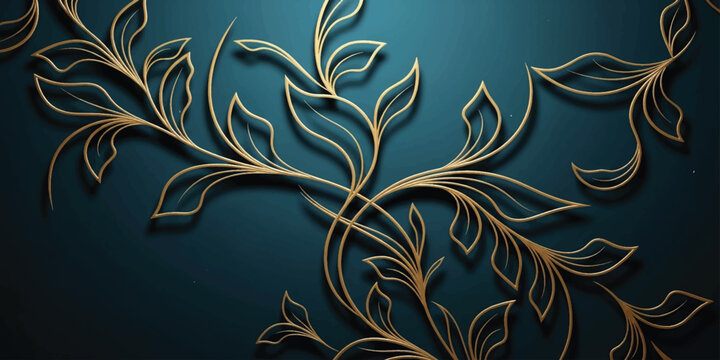 Golden floral pattern on dark teal background with leaves and branches