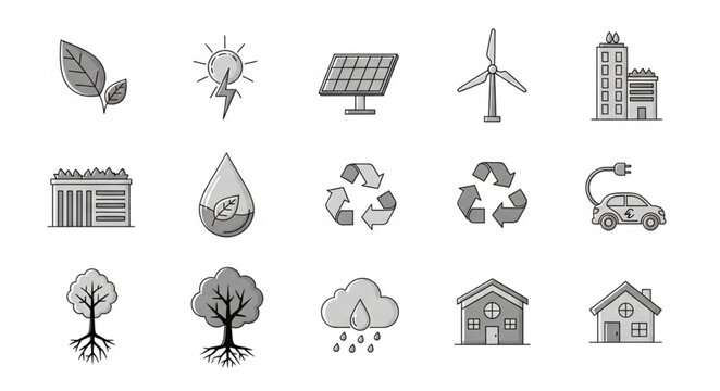 Collection of hand-drawn icons representing environmental and energy concepts.