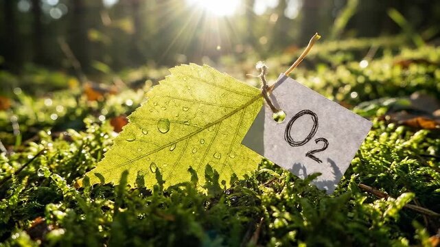 Green leaf producing essential oxygen, illuminated by bright sunlight, symbolizing vital photosynthesis, converting carbon dioxide, generating natural energy, sustaining planetary ecosystem.