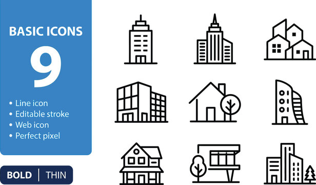 Buildings in a minimal line art style depict various architectural structures for modern web design projects.