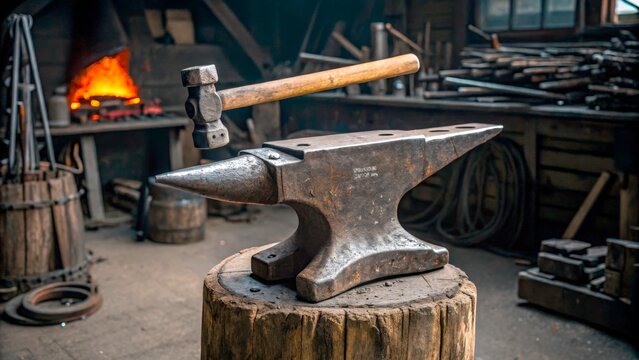 Crafting tools in a blacksmith shop with an anvil and hammer in focus