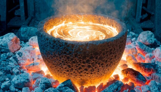 Molten metal is poured into a bowl at a foundry during a hot summer day in an industrial area