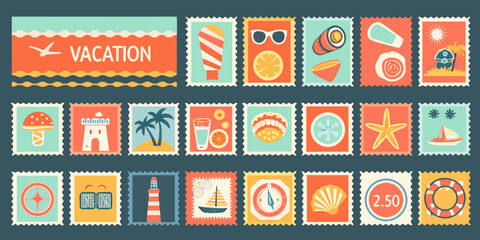 Collection of vibrant travel themed postage stamps with sunny colors and retro style high quality © Debashis