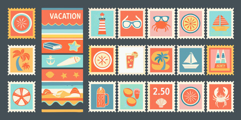 Collection of vibrant travel themed postage stamps with summery illustrations and retro style high quality © Debashis