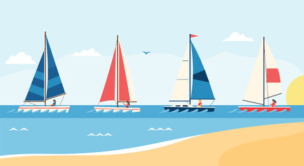 Fototapeta premium Group of four colorful sailboats with people on board sailing across the ocean near a sandy beach at sunset or sunrise.