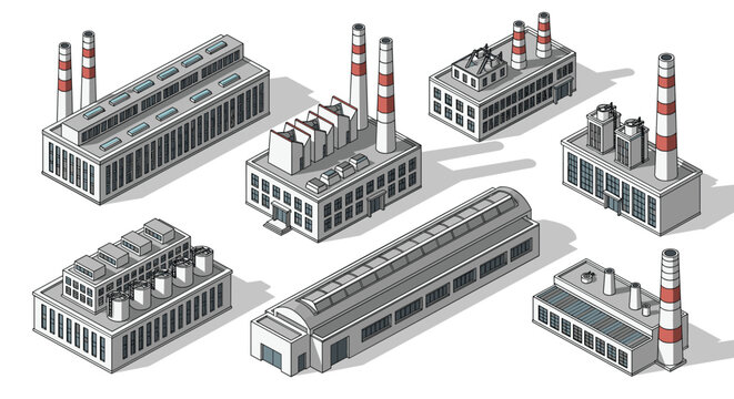 Isometric industrial buildings collection including factories with smoke stacks and warehouses for manufacturing projects.