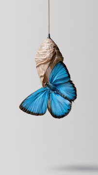 A vibrant blue butterfly emerging from a cocoon.