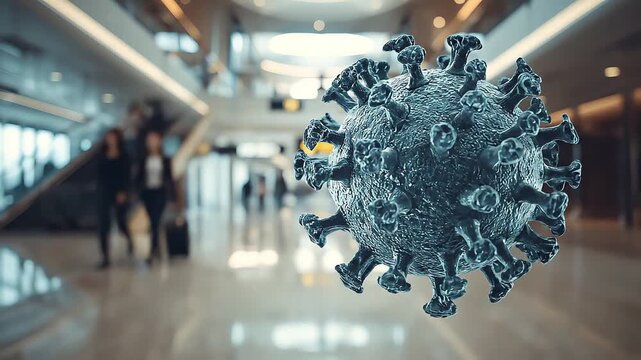 A large, detailed 3D rendering of a virus particle with spike proteins protruding in a bright, modern indoor setting, resembling a pandemic-themed environment.Hantavirus. Rodent virus.