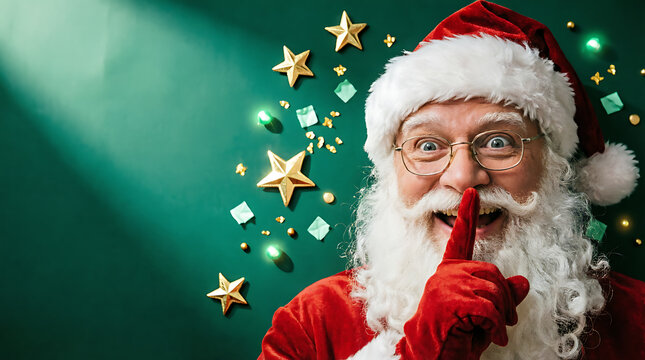 Homme d&eacute;guis&eacute; en p&egrave;re No&euml;l le doigt sur la bouche, symboliquement j'ai un secret pour toi,  et des &eacute;toiles scintillantes sur fond vert fonc&eacute; isol&eacute;