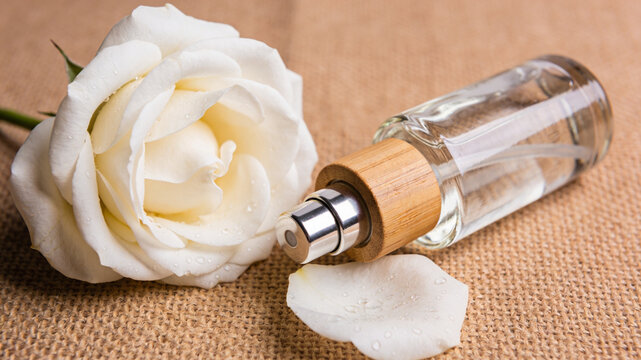 Elegant white rose with water droplets lying next to a clear glass perfume spray bottle on a burlap background.