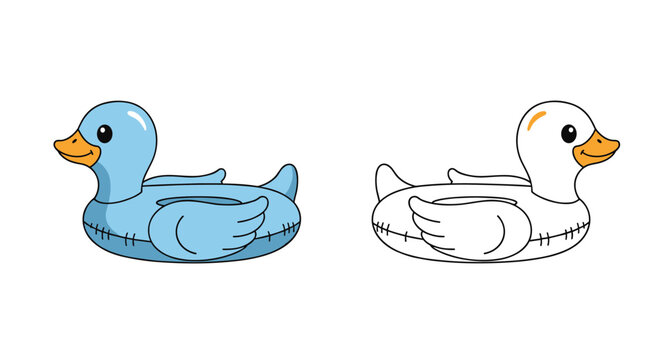 Two inflatable blue and white duck pool floats designed as water toys for summer swimming pool activities shown in color and line art style.