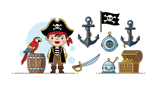 Cute pirate boy character stands by a parrot on a barrel surrounded by maritime items like anchors a treasure chest and a black jolly roger flag.
