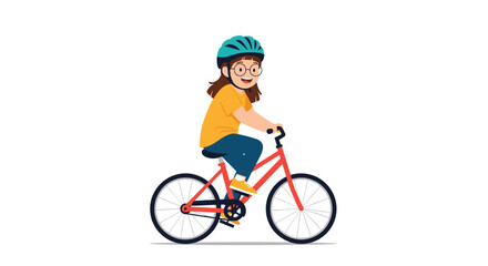Naklejka premium Young girl wearing glasses and a blue safety helmet happily rides her red bicycle across a white background illustrating an active lifestyle.