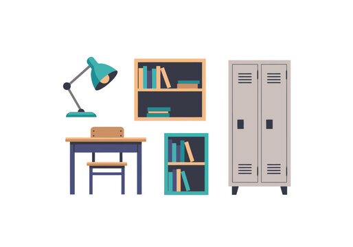 Collection of essential school and home furnishings including a desk and chair a functional table lamp shelving units filled with books and a durable locker for storage providing a staged visual