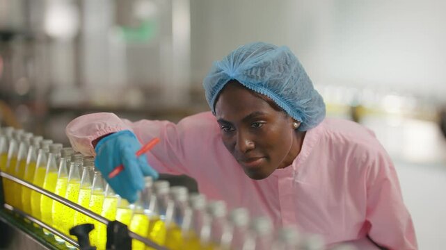 Quality Assurance in Beverage Factory: A focused worker, clad in protective gear, meticulously examines a stream of bottles on a conveyor belt in a bustling beverage production facility.