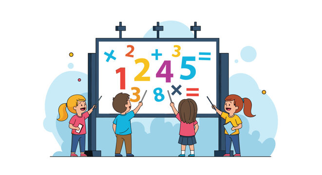 Group of four primary school students point at large colorful numbers and mathematical symbols on a whiteboard to solve equations in a classroom.