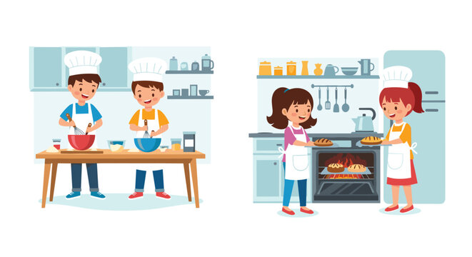 Group of children wearing chef hats and aprons enjoy a baking lesson together by mixing ingredients in bowls and removing fresh bread from an oven.