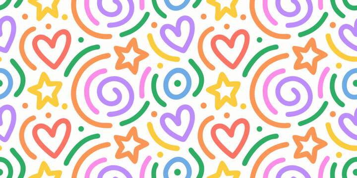 Colorful hearts stars swirls and squiggles pattern on a white background high quality professional detailed