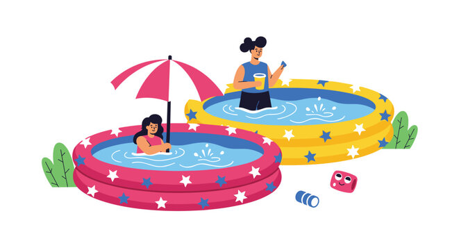 Two women enjoying a refreshing day in separate colorful inflatable swimming pools decorated with stars and a pink sun umbrella.
