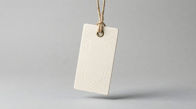 Blank white rectangular tag with a patterned texture, suspended by a string on a plain background