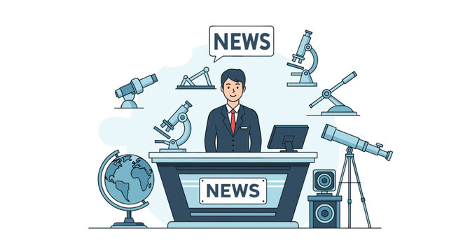 Male news anchor sitting at a desk presenting information surrounded by various scientific tools like microscopes and telescopes.