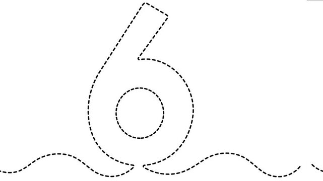 Dashed line style drawing animation of number six shape appearing and disappearing on white background