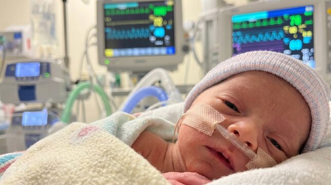 Close-up of a premature newborn baby with a feeding tube in the Neonatal Intensive Care Unit (NICU) with medical monitors in the background.
