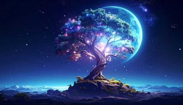 Mystical Tree of Life Under a Celestial Moonlit Sky.