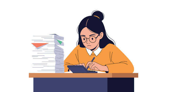 Diligent woman with glasses working hard at her desk with a calculator and a very large stack of papers needing processing.