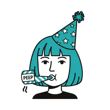 Cartoon character with party hat and noisemaker