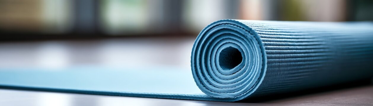 Close-up of a rolled yoga mat on the floor
