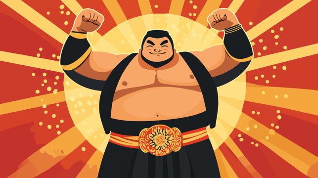 Cartoon-style muscular sumo wrestler with confident pose, sunset background
