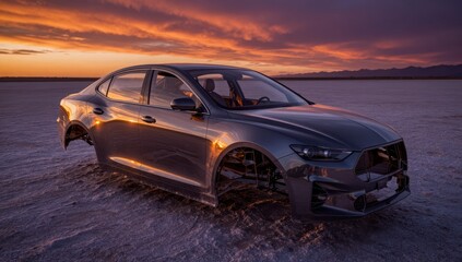 Fototapeta premium Luxury Sedan Car Body Shell on Salt Flat at Sunset with Dramatic Sky