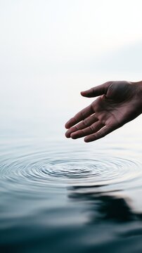 Calm hand touching water surface with ripples.