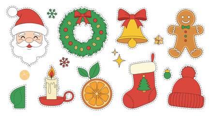 Fototapeta premium Colorful collection of Christmas and winter themed sticker icons including Santa Claus, a wreath, a bell, a gingerbread man, and a candle.